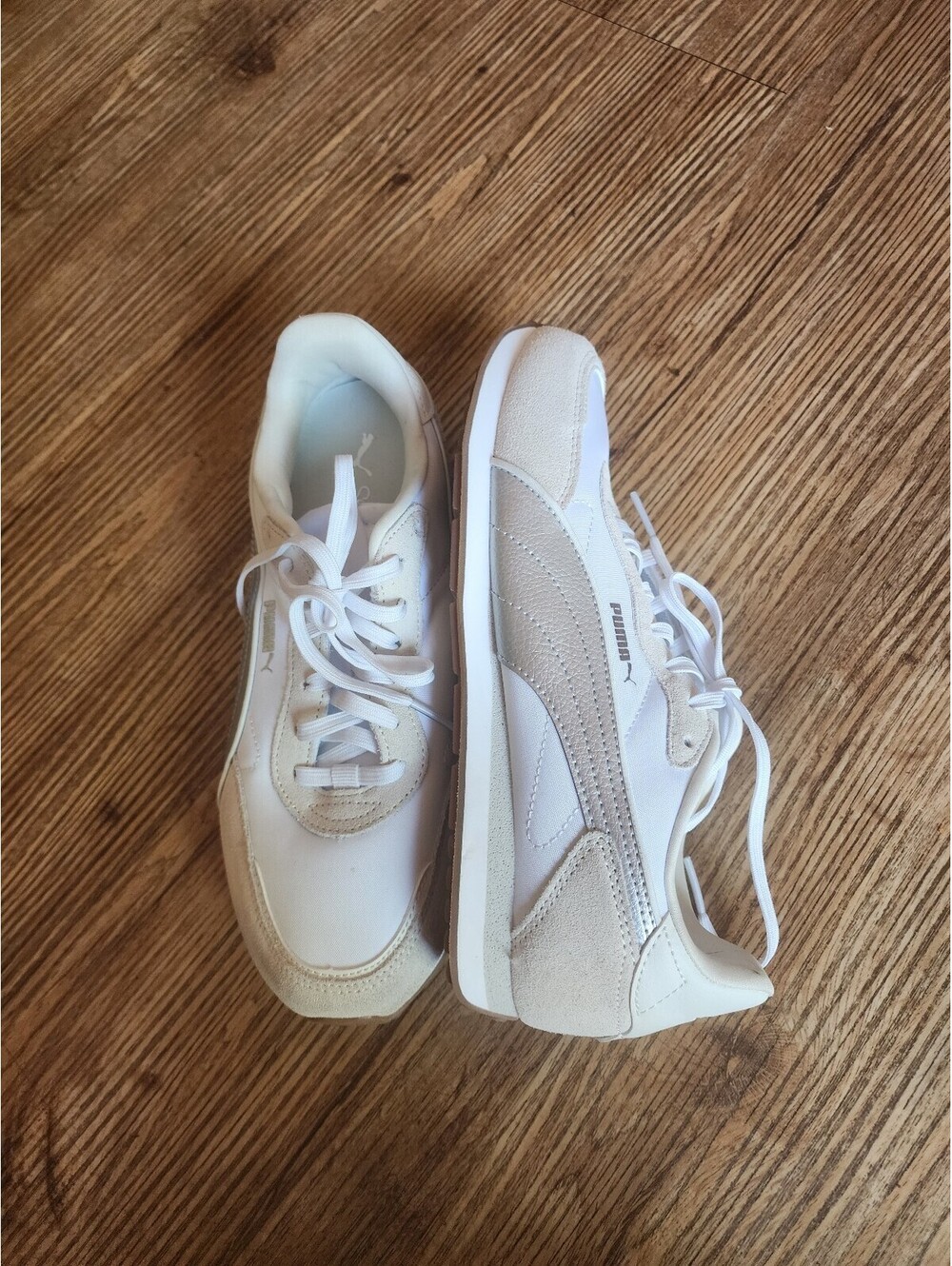 Size 6 Puma White and Beige Classic Sneakers with Rubber Sole, Men's Size